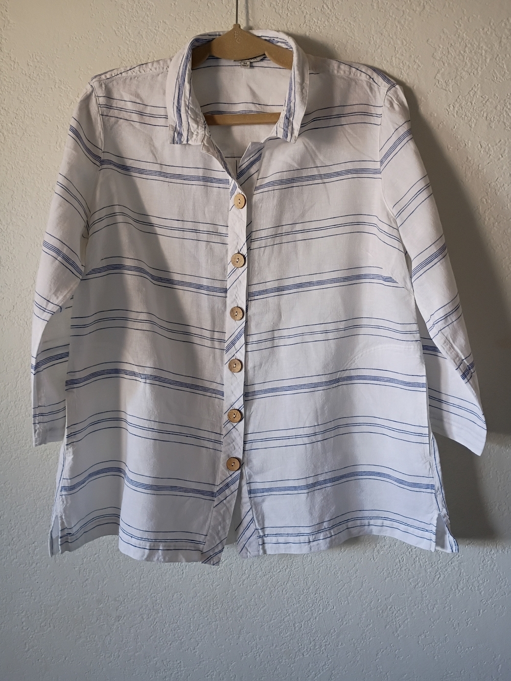John Mark Women's Linen Blend White & Blue Striped Button-Up Tunic Size M